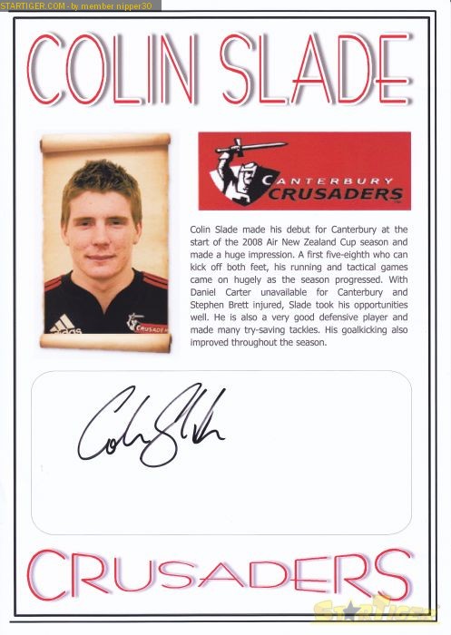 Colin Slade autograph collection entry at StarTiger