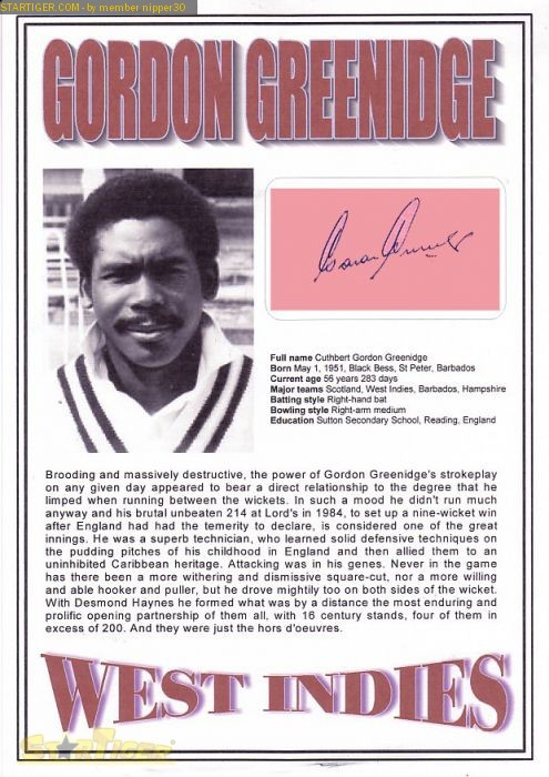 Gordon Greenidge autograph collection entry at StarTiger